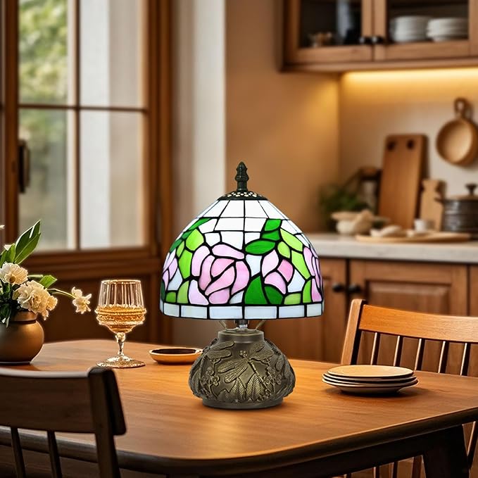 Small Tiffany Table Lamp,Stained Glass Lamp,8 Inch Mushroom Style Mini Vintage Desk Lights for Bedside, Bedroom,Nightstand,Living Room,3 Color Temperature (Pink Rose)