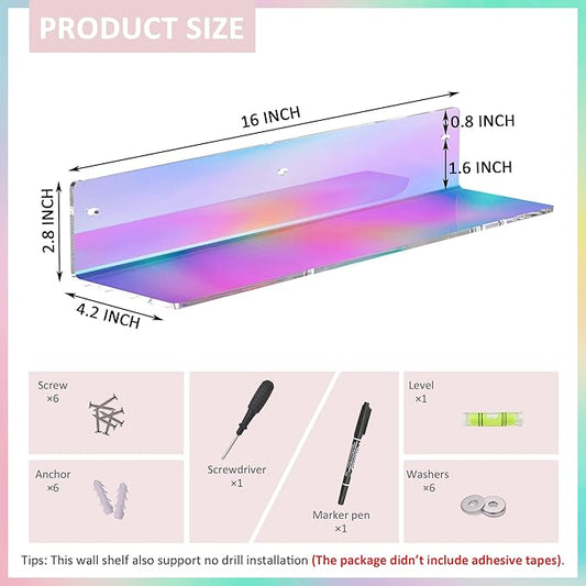 16 Inches Iridescent Acrylic Shelves, Wall Mounted Organizer Shelves for Bedroom, Clear Wall Storage Shelves for Cosmetics, Skincare, Router, Doll, Toiletries, Helmets, 2 Pack