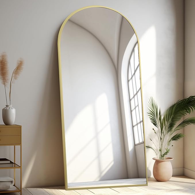 MELOMOIR 76"x34" Gold Mirror Full Length, Large Mirror Full Length for Bedroom Living Room Cloakroom Home Gym, Free Standing Leaning or Wall Mounted, Arched Top Thin Aluminum Frame, Tempered Glass