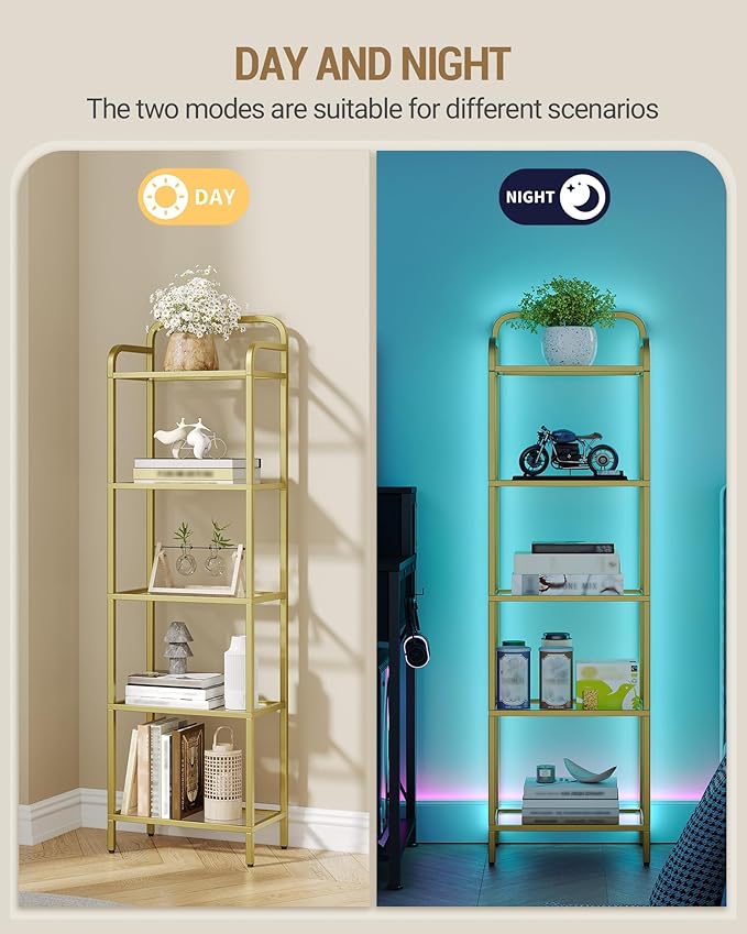 Bookshelf, Tall Narrow Bookcase with LED Lights, Tempered Glass Bookshelves with Steel Frame, Display Shelf, Slim Shelving Unit for Living Room, Bedroom, 9.6"D x 15.4"W x 55.9"H Gold BC34599G