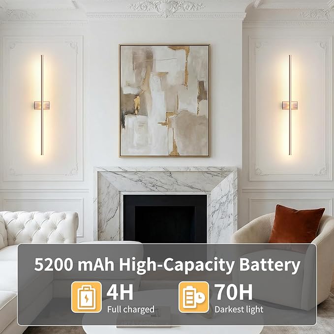 ONEWISH Battery Operated Wall Sconces Set of 2, 27.75" Rechargeable Wall Lights with Remote & Removable Battery, 3-Color Dimmable Wireless Sconces for TV Wall Decor, Picture Light, Bedroom, Gold