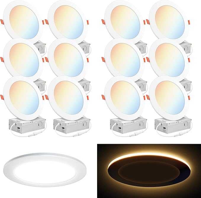 PARMIDA (12 Pack) 6 Inch 5CCT LED Recessed Ceiling Light with Night Light, 2700K/3000K/3500K/4000K/5000K Selectable Ultra-Thin Lighting, 15W, Dimmable Canless Wafer Slim Panel Downlight, IC Rated, ETL