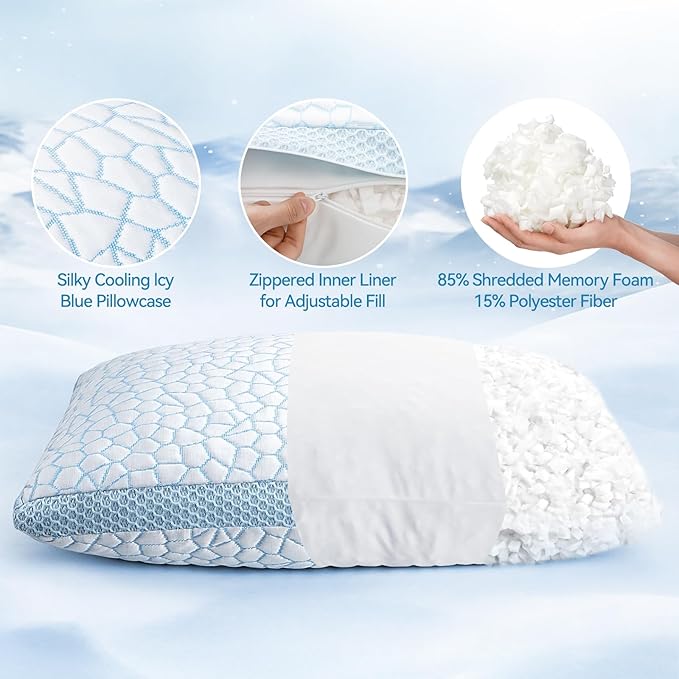 QUTOOL Cooling Pillows for Hot Sleeping, Shredded Memory Foam Pillows Queen Size Set of 1,Adjustable Soft & Firm Gel Bed Pillow for Side, Back, Stomach Sleepers