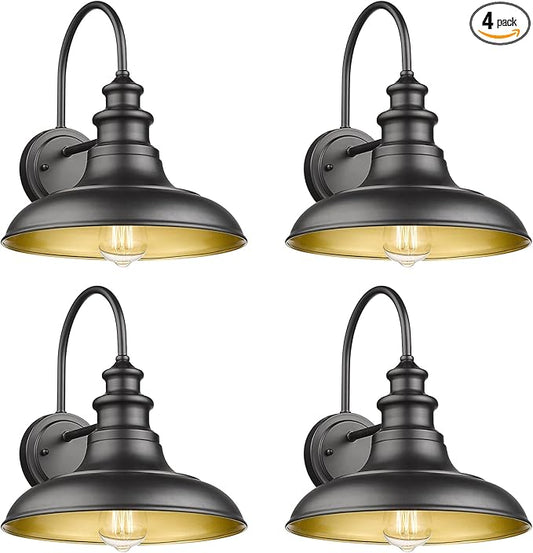 Outdoor Barn Light Fixtures, 12.3 Inch Large Dome Farmhouse Wall Mount Light Wall Sconces, Exterior Wall Lighting Fixtures Industrial Black Gold Lantern Lamps for Porch Garage Patio, 4 Pack