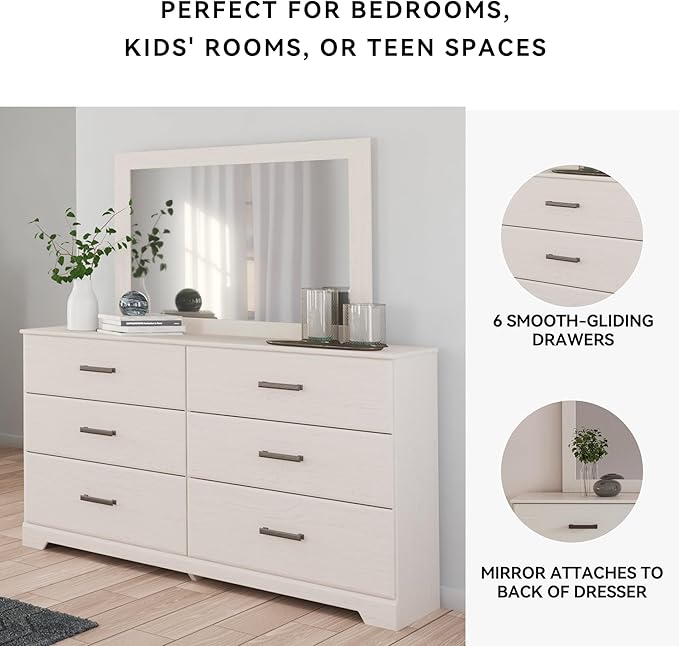 Signature Design by Ashley Stelsie Vintage Smooth-Gliding 6-Drawer Dresser and Mirror with Safety Stop, White