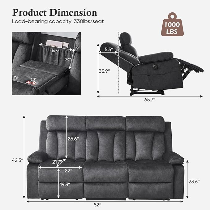 Power Recliner Sofa with Heat&Massage, Electric Reclining Couch with Multi-Function Console/USB Ports/Type C, Wall Hugger 3 Seater-Sofa Recliner, Reclining Sofa Couch for Living Room