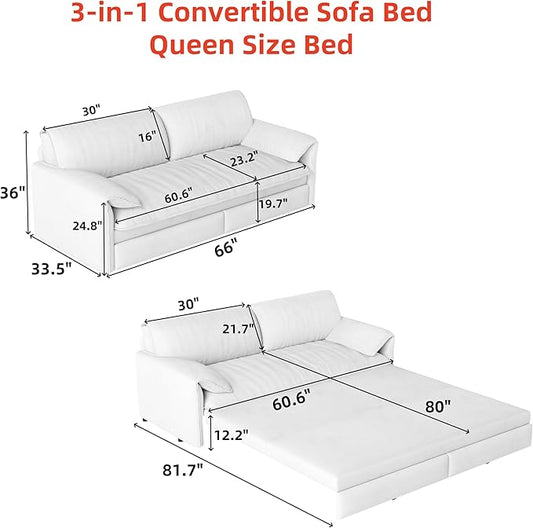 Eafurn 66" Convertible Sofa Bed Queen Size, 3-in-1 Pull Out Sleeper Couch Sofabed, Modern Velvet Loveseat Chaise Lounge w/Side Storage Pocket for Living Room Office | Removable Cushions
