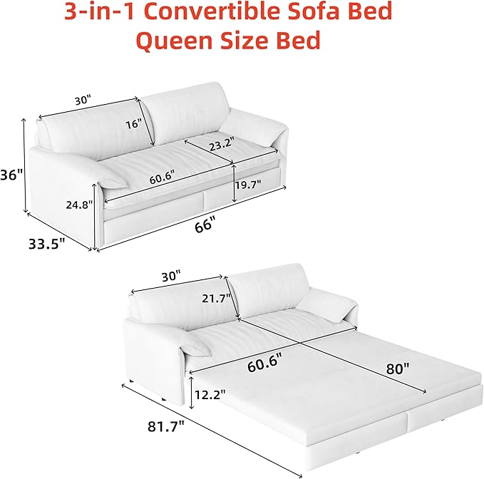 Eafurn 66" Convertible Sofa Bed Queen Size, 3-in-1 Pull Out Sleeper Couch Sofabed, Modern Velvet Loveseat Chaise Lounge w/Side Storage Pocket for Living Room Office | Removable Cushions