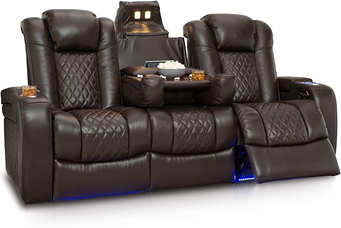 Seatcraft Anthem Home Theater Seating - Italian Leather - Power Recline Sofa - Fold-Down Table - Powered Headrests - Arm Storage - USB Charging - Cup Holders, Brown