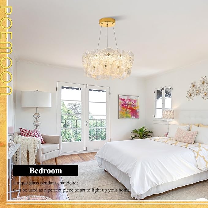 Modern Gold Glass LED Chandelier 20" Elegant Lotus Leaf Dimmable Ceiling Chandeliers with Remote Control Luxury for Foyer Entryway Living Dining Room(3000K-6500K)