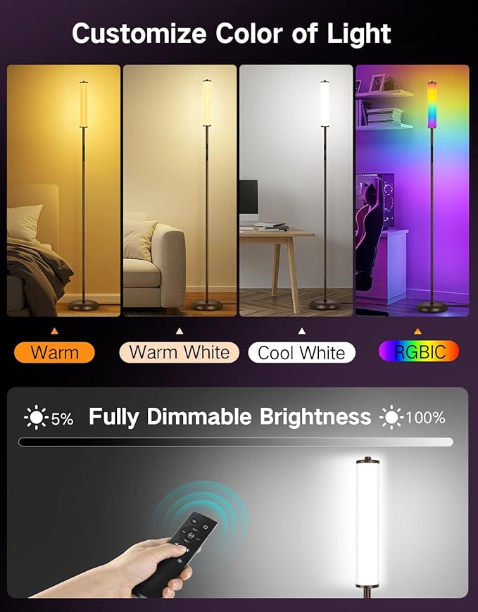 OUTON LED Floor Lamp with Remote & APP Control, 1500LM Ultra Bright Tall Standing Lamp, 16 Million Colors, 32 Scene Modes & Music Sync, Modern Corner Lamps for Living Room, Bedroom, Gaming, Brown
