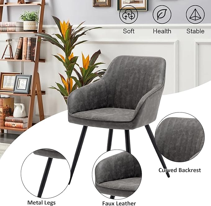 annjoe Faux Leather Accent Chair Arm Chairs Living Room Chairs Leisures Chair Upholstered Chair with Metal Legs Set of 2 for Home Kitchen Office Bistro Cafe, Gray
