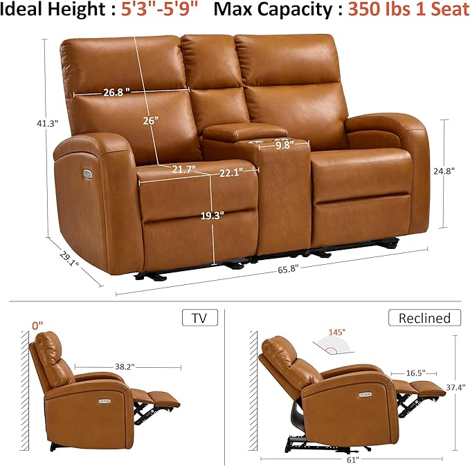 MCombo Zero Wall Recliner Loveseat, 2-Seat Power Wall Hugger Sofa with USB & Type-C Dual Ports, for Small Space, Living Room, RV PR646 (Cognac Brown, Loveseat with Console)