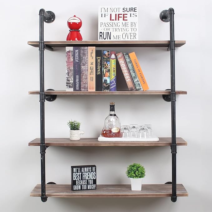 MBQQ Industrial Pipe Shelving Wall Mounted,44in Rustic Metal Floating Shelves,Steampunk Real Wood Book Shelves,Wall Shelf Unit Bookshelf Hanging Wall Shelves,Farmhouse Kitchen Bar Shelving(4 Tier)