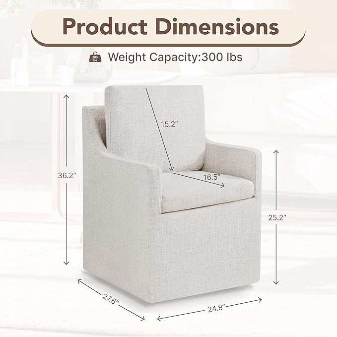 Upholstered Dining Chairs Set of 1, Modern Dining Room Chairs with Casters & Washable Cover, Rolling Accent Chair with Hidden Storage for Kitchen, Farmhouse, Living Room, Linen Fabric, 1 Box