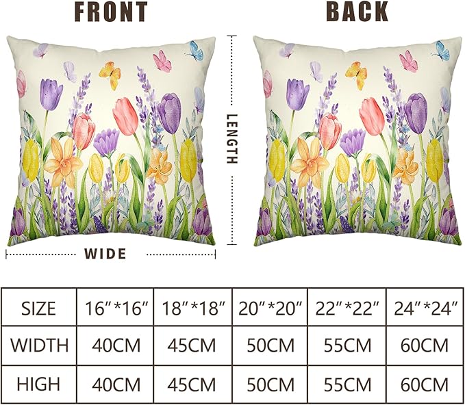 Spring Tulip Floral Pillow Covers 24x24 Set of 2 Watercolor Lavender Daffodils Flowers Throw Pillows Summer Outdoor Farmhouse Pillow Case for Couch Home Sofa Bed Decor