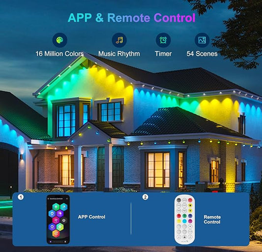Aogled Permanent Outdoor Lights for House,100ft RGB+IC Smart Eave Lights with 60 LEDs,IP67 Waterproof,Remote/APP Control,DIY Scene Modes&Music Sync Lighting for Outdoor Christmas Decorations
