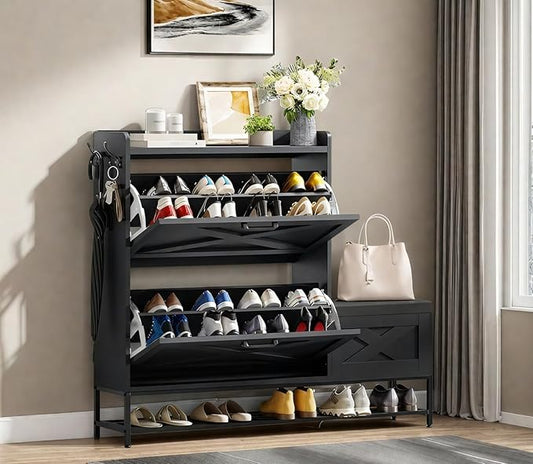 DWVO Farmhouse Shoe Cabinet, Slim Shoe Storage Cabinet with Bench, Narrow Shoe Organizer for Entryway, Living Room, Hallway (Black)