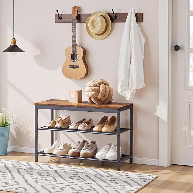 HOOBRO Shoe Bench, 3-Tier Shoe Rack, Industrial Shoe Organizer Storage Bench with Wooden Top, Holds Up to 300 lb, 11.2 x 29.5 x 19.1 Inches, for Entryway, Bedroom, Rustic Brown and Black BF76HX01