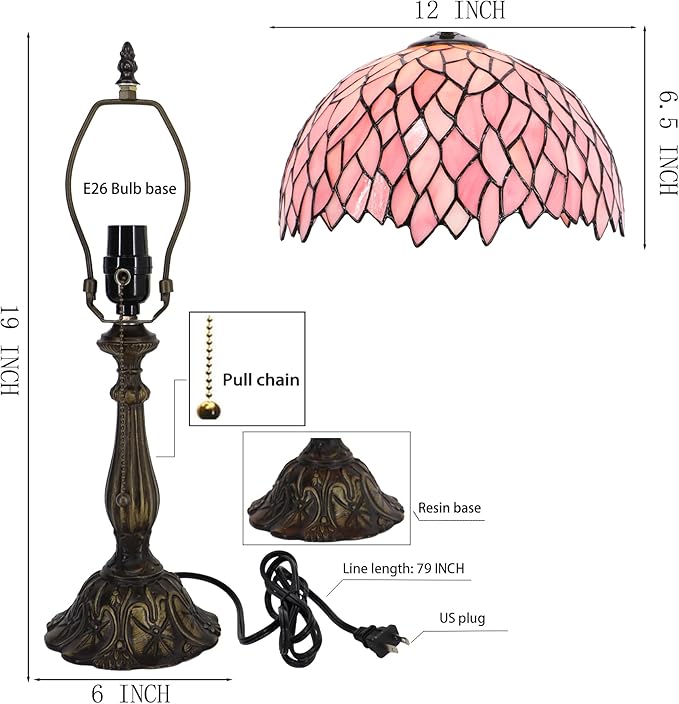 Tiffany Lamp Stained Glass Table Lamp Bedside Reading Light W12H19 Inches (Pink Wisteria)