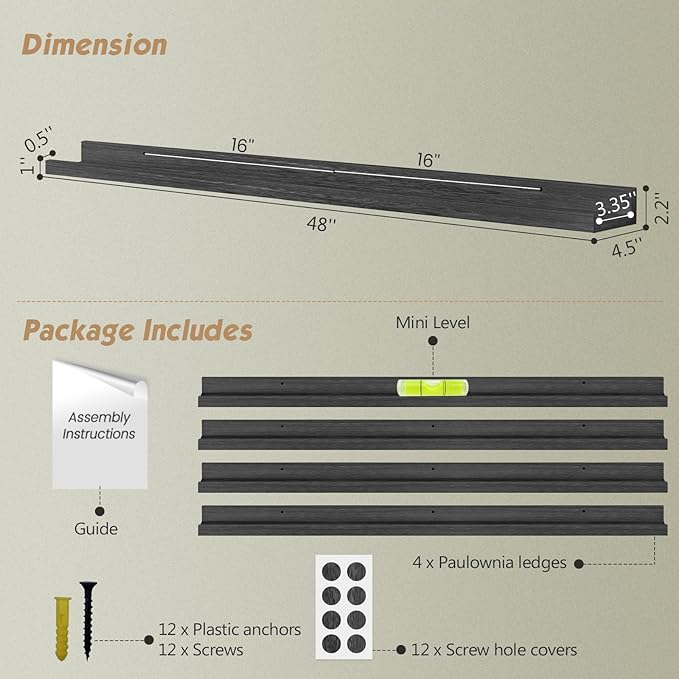 Forbena 48 Inch Black Picture Ledge Shelf Set of 4, Extra Long Floating Shelves for Wall with Lip, Narrow Wall Mounted Shelves for Living Room Bedroom Photo Frames, Art Pictures, Books, Legos
