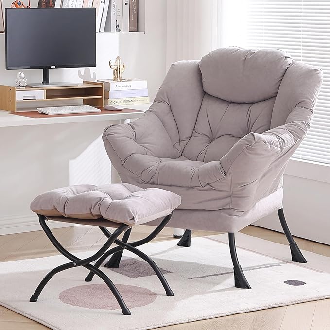 Lazy Chair with Ottoman, Modern Chair with Folding Footrest, Light Grey Accent Chair, Comfortable Reading Chair, Oversized Armchairs for Bedroom, Study, Living Room, Courtyard