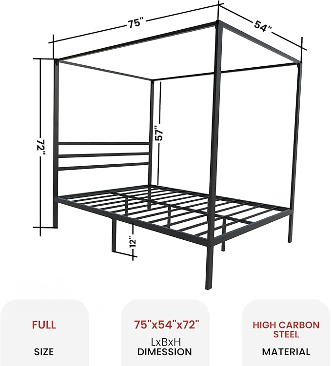 Golden Gate Beds Canopy Metal Bed Frame with Headboard – Wrought Iron Platform Design, Sturdy Slatted Base, No Box Spring Needed, Underbed Storage Space – Full, Black