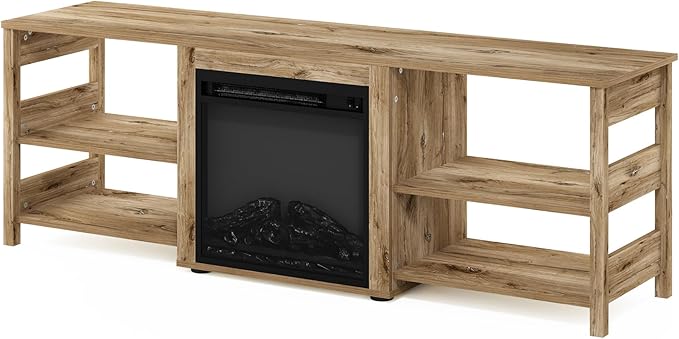 Furinno Classic Fireplace TV Stand, Entertainment Center, TV Console for TV up to 70 Inch with Fireplace, for Living Room, Bedroom, Flagstaff Oak