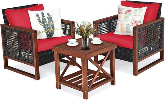Tangkula 3 Pieces Patio Wicker Furniture Set, Rattan Outdoor Sofa Set w/Washable Cushion & Acacia Wood Coffee Table, Conversation Bistro Set for Garden Balcony Backyard (Red)