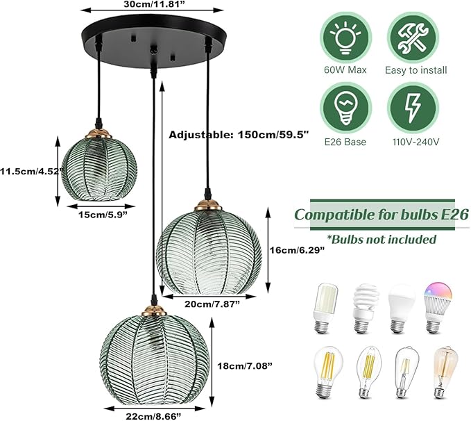 3 Light Pendant Lighting Modern Pendant Light Kitchen Island Hand Blown Hanging Ceiling Light with Glass Shade Green Glass Chandelier for Dining Room Bedroom Living Room
