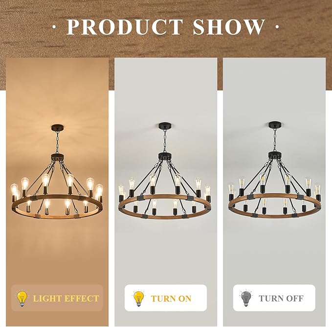 12 Lights Wooden Wagon Wheel Chandeliers Farmhouse 31.5'' Oak Wood Round Chandelier Black Metal Rustic Pendant Light Fixture for Living Dining Room Entryway Foyer Kitchen