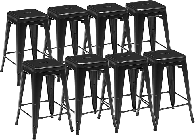 Sweetcrispy Metal Bar Stools Set of 8, 24 Inch Stackable Restaurant Classic Trattoria Metal Chairs, Backless Counter Height Barstool Chairs for Dining Room, Kitchen Island, Indoor Outdoor Use, Inky