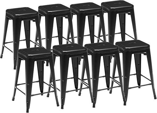 Sweetcrispy Metal Bar Stools Set of 8, 24 Inch Stackable Restaurant Classic Trattoria Metal Chairs, Backless Counter Height Barstool Chairs for Dining Room, Kitchen Island, Indoor Outdoor Use, Inky