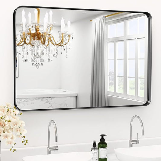 Black Long Bathroom Mirror for Wall Metal Framed Mirror, 48" x 24" Mirror Large Rounded Rectangle Bathroom Mirrors, Black Bathroom Mirrors for Large Spaces,Tempered Glass, Anti-Rust