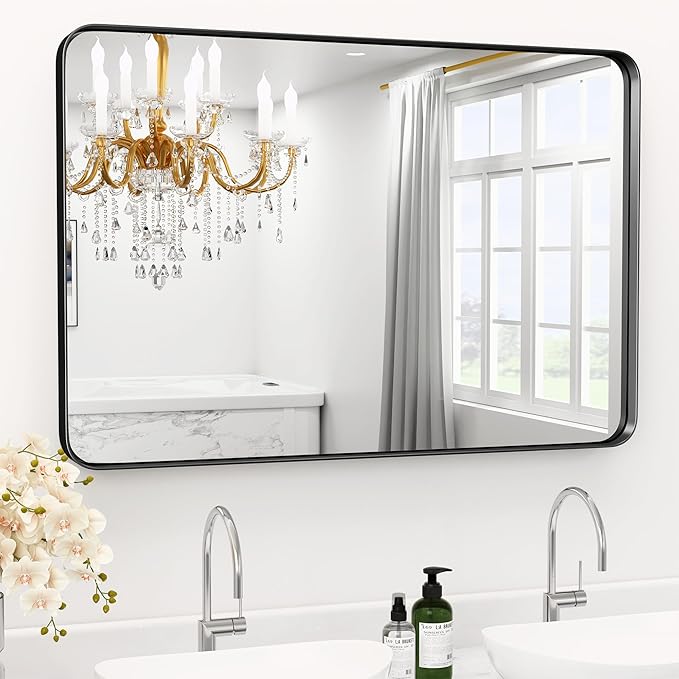 Black Bathroom Mirror for Wall 32" x 36" Metal Framed Mirror, Large Rounded Rectangle Bathroom Mirrors, Black Bathroom Mirrors for Large Spaces,Tempered Glass, Anti-Rust