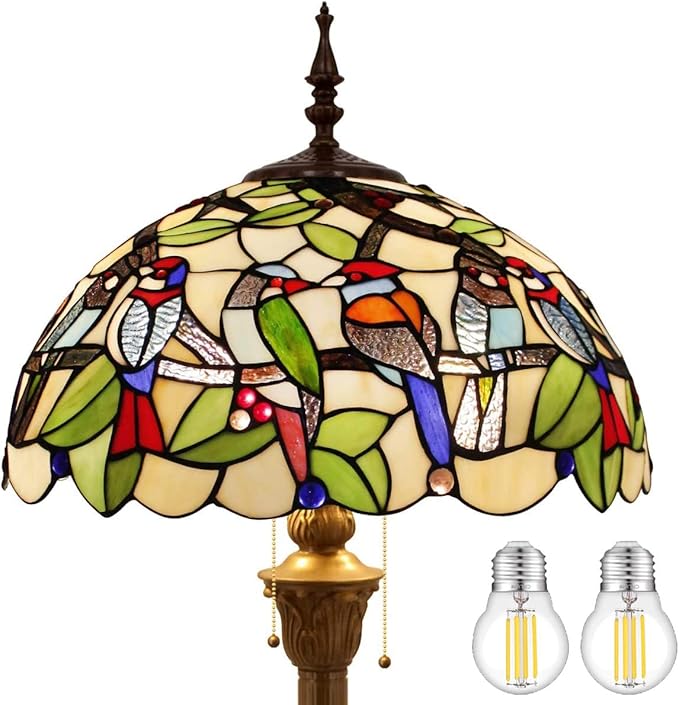 WERFACTORY Tiffany Floor Lamp Double Birds Amber Stained Glass Standing Reading Light 16X16X64 Inches Antique Pole Corner Lamp Decor Bedroom Living Room Home Office S805 Series