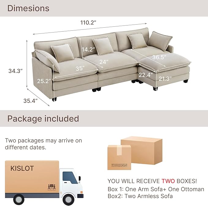 KISLOT 122" Oversized Modular Sectional Sofa,L-Shaped Cloud Couch with Movable Ottoman,Thick Cushions,4 Deep Seats with 5 Throw Pillows Sofa Couch Set for Living Room, Bedroom | Wood Frame
