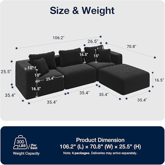 Avenco 106” L-Shaped Modular Sectional Sofa Couch with Ottoman, Individually Wrapped Coil Support & Corduroy Fabric, Zero Assembly 4-Piece Set for Living Room, Black