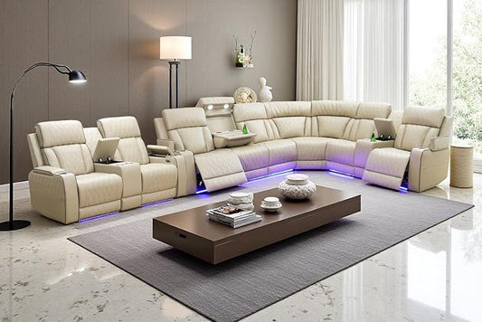 Power Recliner Sectional Sofa Set with LED, Luxury Breathing Leather Sectional Reclining Corner Couch Set, L-Shaped Sofa Couch Set with Cup Holders/Storage for Living Room