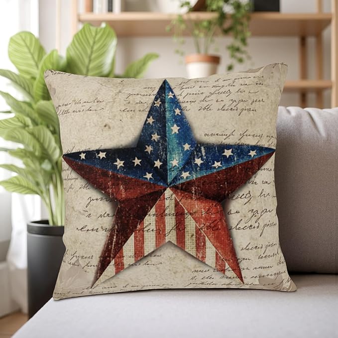 Patriotic Star Outdoor Pillow Covers 20x20 Set of 2 4th of July Vintage American USA Flag Throw Pillows Independence Memorial Day Throw Pillow Cases for Couch Sofa Bedroom Living Room Decor