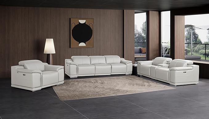 Blackjack Furniture Venice Top Grain Italian Leather Recliner 7 Seater 5 Power Reclining 3 Piece Sofa Set with Adjustable Headrests Modern Seating Sofa, Loveseat and Chair for Living Room, Light Grey