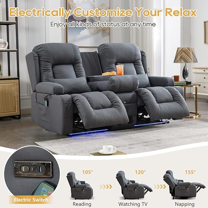IPKIG Power Recliner Sofa with Flip-Up Backrest Console, USB & USB-C Ports, AC Outlet, LED Lights, Wall Hugger Recliners for Living Room, RV (Light Blue, 67" - 3 Seat) | Leathaire Fabric, Zero Gravity, Dual Reclining, 2 Lumabr Pillow, Bluetooth Speakers