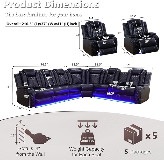 Black Power Reclining Sectional Sofa Set, Living Room Furniture Sets, Leather Recliner Corner Couches and Chair, Power Recliner Sectional with Cup Holder/Storage Console for Living Room