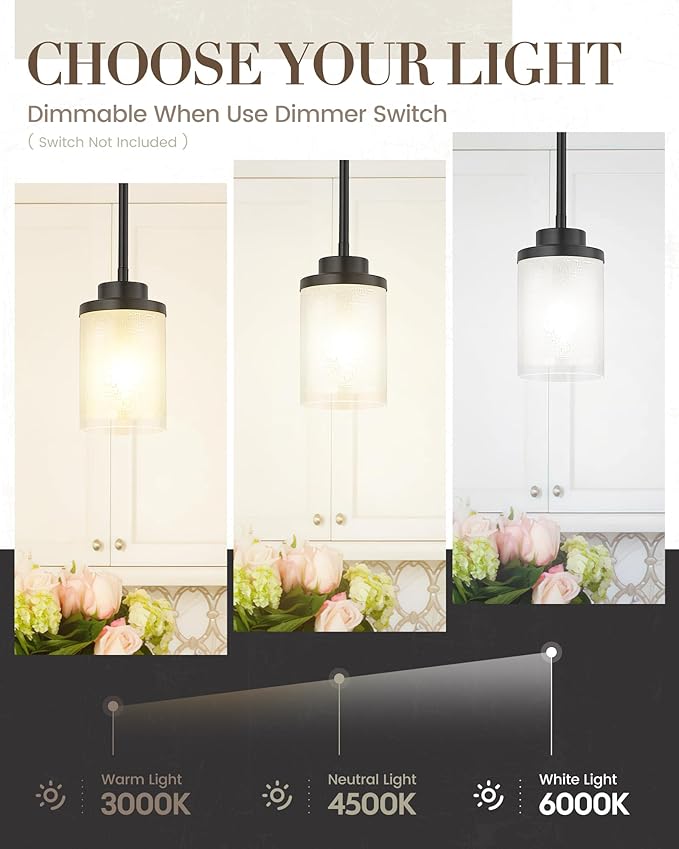 TENGXIN Modern Pendant Light, 6-in Matte Black Pendant Lights Kitchen Island,Farmhouse Pendant Lighting for Dining Room Bedroom Bar Office 2Pack,TXPLBK01-2PK-L