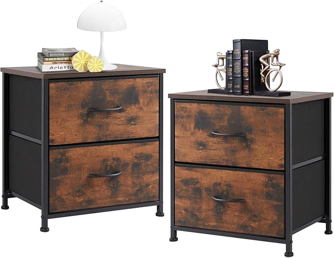 NEWBULIG Nightstand with 2 Fabric Drawers, 25 Inch Tall Small Dresser, Bedside Table with Storage for Bedroom, Closet, Entryway, Dorm, 2 Pack with Sturdy Frame and Compact Design, Rustic Brown02