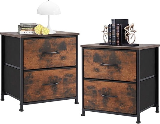 NEWBULIG Nightstand with 2 Fabric Drawers, 25 Inch Tall Small Dresser, Bedside Table with Storage for Bedroom, Closet, Entryway, Dorm, 2 Pack with Sturdy Frame and Compact Design, Rustic Brown02