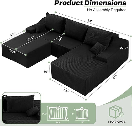 HABUTWAY U Shaped Modular Sectional Couch for Living Room, Modular Cloud Sofa with Ottoman, No Assembly Boneless Couches with Deep Seat, Corduroy Fabric (Black, Right Facing)