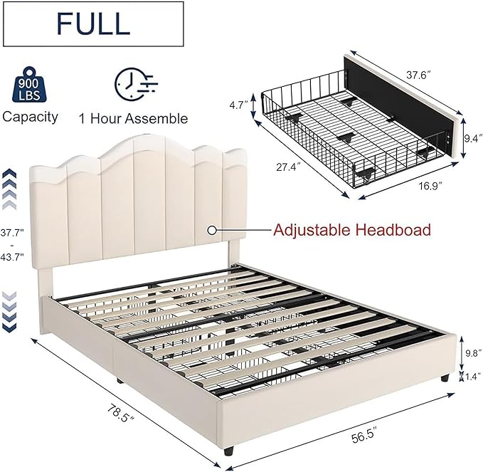 VECELO Full Size Bed Frame with 4 Drawers, Adjustable Headboard, Upholstered Platform with Wood Slats Support, Built-in USB and Type C Ports, Cream Beige