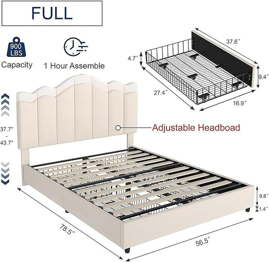 VECELO Full Size Bed Frame with 4 Drawers, Adjustable Headboard, Upholstered Platform with Wood Slats Support, Built-in USB and Type C Ports, Cream Beige