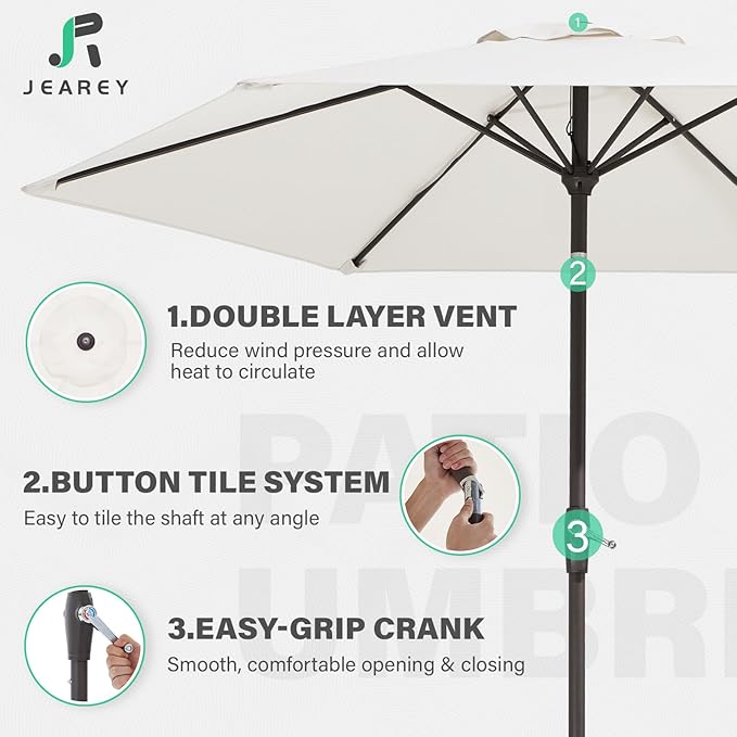 JEAREY 7.5FT Patio Umbrella Outdoor Market Umbrella with 6 Sturdy Ribs, Push Button Tilt/Crank Table Umbrella for Garden, Deck, Backyard and Pool, Off-White